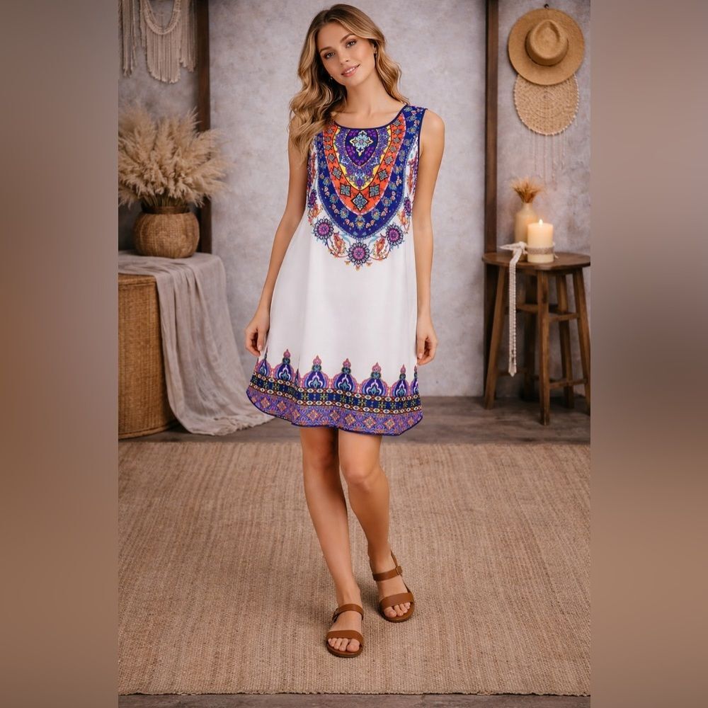 Pink Owl‎ Anthropologie Boho Medallion Pattern Sleeveless Shift Dress Size Small